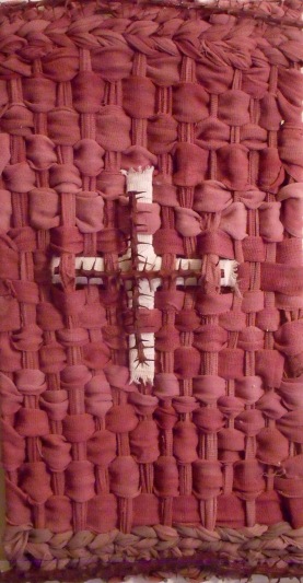 Ace bandages found on the desert, dipped in cochineal and woven with Ocotillo and rose madder encaustic.